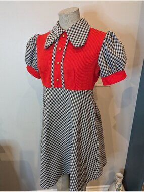 Vintage puff sleeve Gingham Shirt Dress A line Red Black & White Sz 16 Fits XL